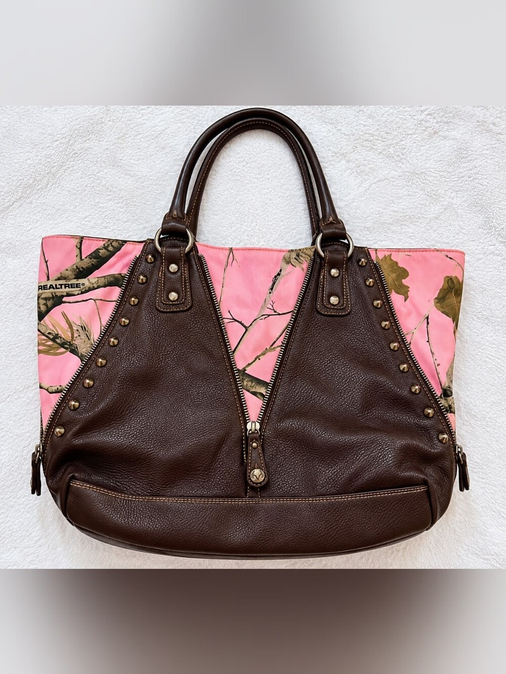 Women's Brown Pebbled Leather Tote with Pink Camo Accent-Real Tree